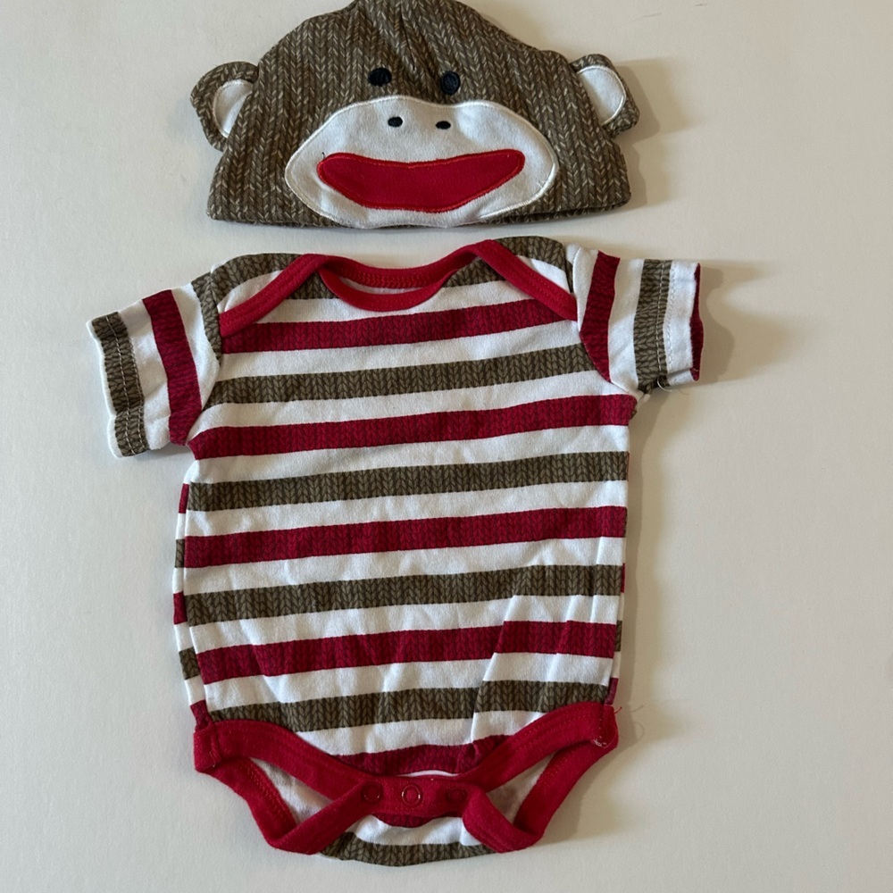 Paul Frank Brown and Red Striped Bodysuit with Monkey Hood